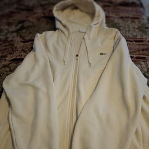 Lacoste Cream Full-Zip Hooded Sweatshirt with Green Crocodile